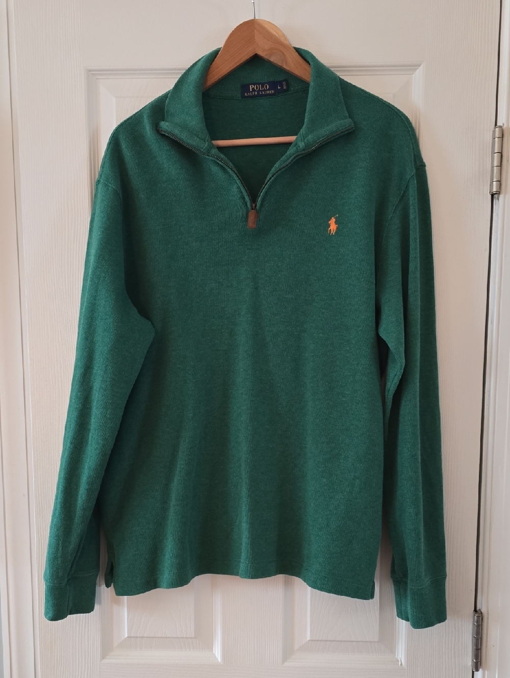 Ralph Lauren Mens L Green Quarter-Zip with Orange Pony Accent